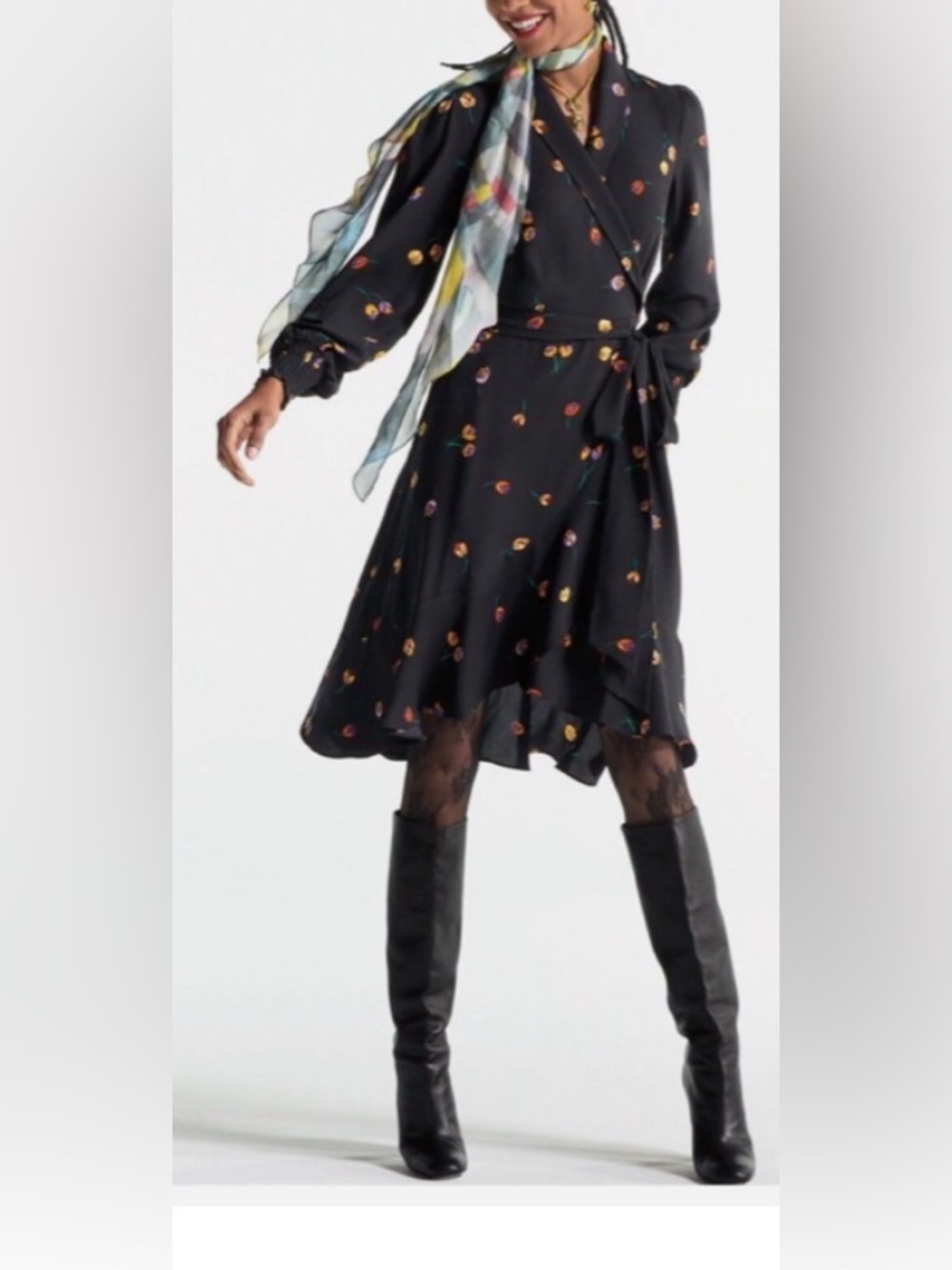 CAbi Black Floral High-Low Wrap Dress